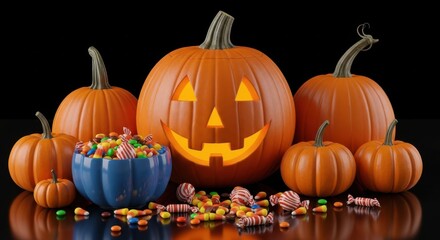 Festive Halloween Pumpkins and Colorful Candy Assortment