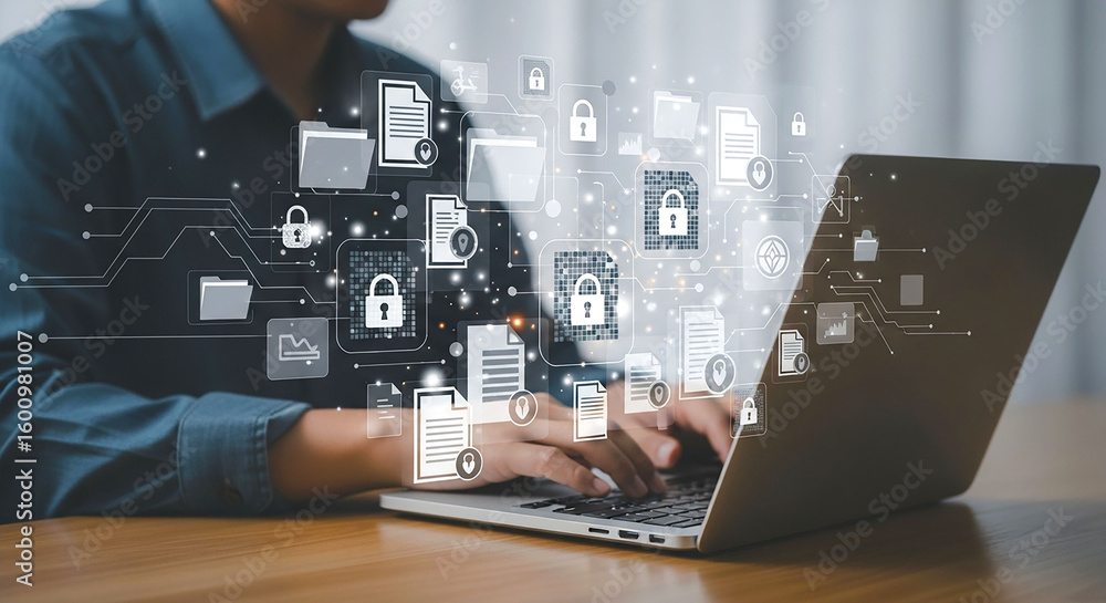 Poster person using laptop with digital document and security icons overlayed on the screen display view