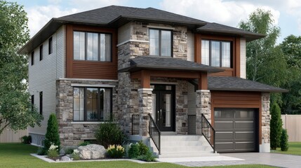 Elegant two-story villa features modern design elements, showcasing three cars in a well-lit, tranquil setting, emphasizing symmetry.