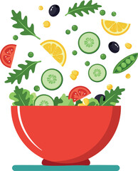 Fresh vegetable salad bowl with cucumber tomato lemon and olives vector illustration