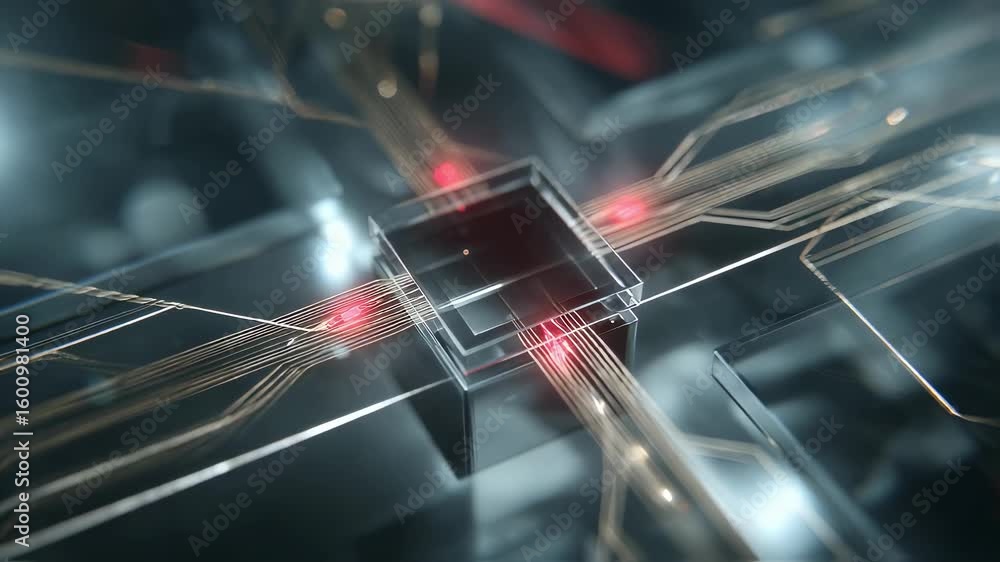Poster quantum computing processor transferring data through a network of futuristic circuitry, symbolizing