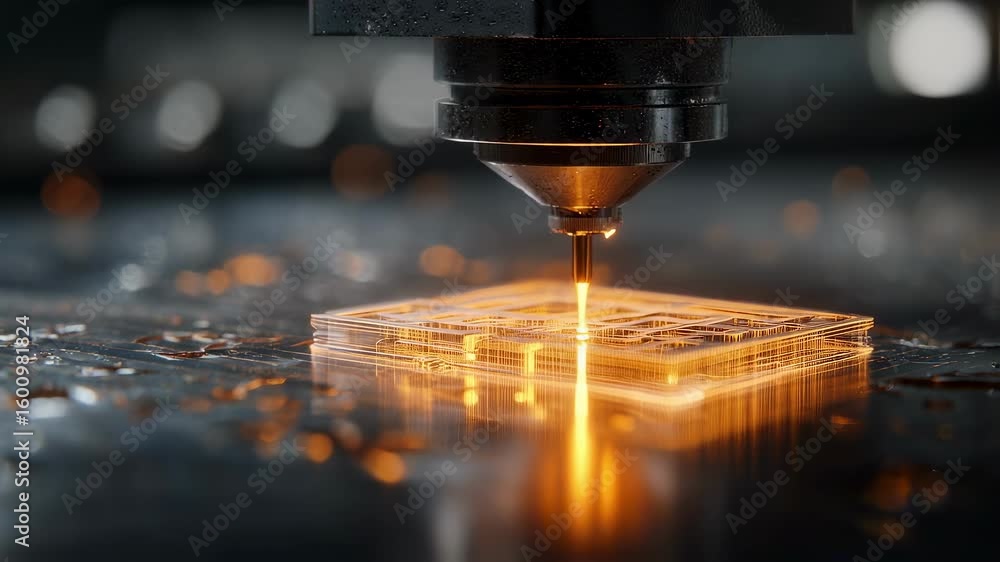 Poster high tech industrial laser engraving machine precisely etching intricate circuits onto a microchip, 