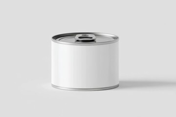 medium size food tin can mockup with a blank white label, metallic top with pull tab, front-facing view, placed on a light gray background