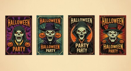 Spooky Halloween Party Posters Featuring Scary Skeletons and Pumpkins