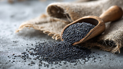 Close up of dark poppy seeds spilling from a rustic wooden scoop onto a textured surface