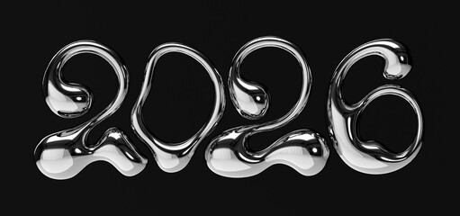 Happy New Year 2026 text design. 3d chrome liquid font. Letters with molten metal effect. Silver bubble typeface. Volumetric inscription 2026 isolated on black background. Y2K style lettering