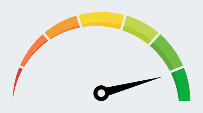 Vector speedometer gauge with arrow and colored levels. Dashboard meter with green, yellow, orange, red zones. Tachometer for risk, performance, fear and greed crypto index design