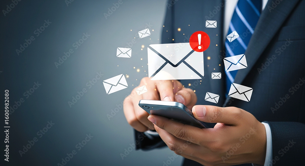 Poster a person using a phone with email notifications and a suit and tie in a blurred background