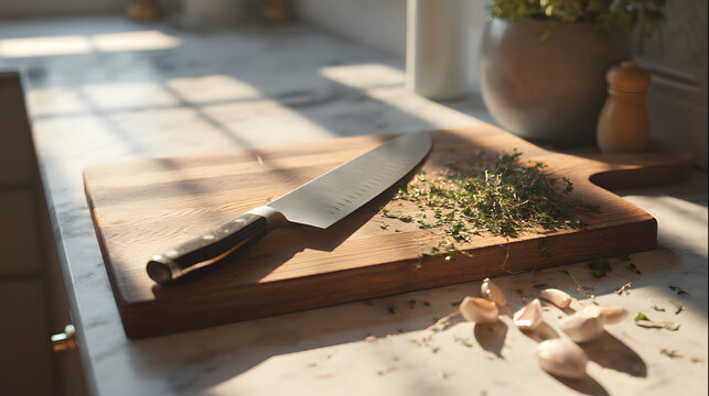 A chefs knife resting diagonally on a walnut cutting board