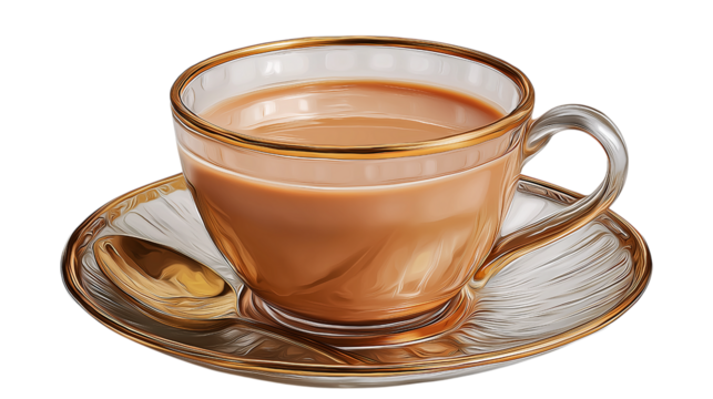 Tea Cup with Milk and Spoon on Saucer, Transparent BG