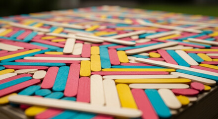Colorful popsicle sticks arranged in a creative pattern, abstract and playful background texture.