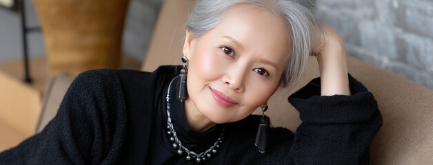 A cheerful Asian woman in her late fifties relaxes in her cozy living room, illuminated by natural light