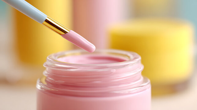 Close up of a paintbrush dipping into a jar of pink paint with soft focus background
