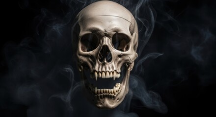 A Spooky Skull Emerging from Mysterious Smoke in the Darkness