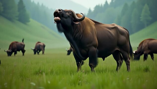 Buffalo snorting loudly at the herd