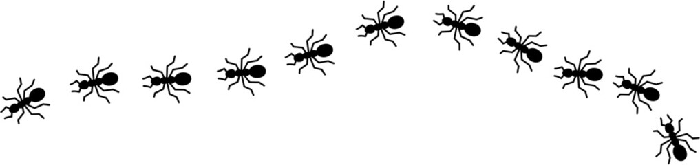 Worker ants marching vector illustration. Insect teamwork concept with a line of ants moving in formation. Black silhouette ant trail design symbolizing unity, order, and labor