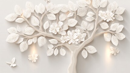 Elegant tree with white paper flowers and leaves, a botanical 