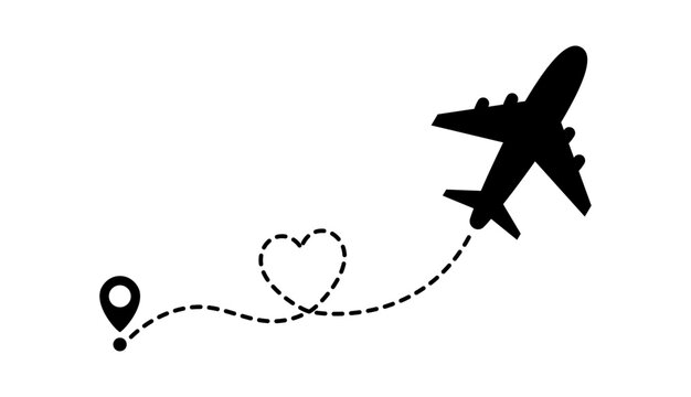 Airplane with Heart Flight Path and Location Pin. Romantic Travel Concept, Love Journey, Honeymoon Trip, Long Distance Relationship, Valentine Flight Route Symbol in Black Silhouette