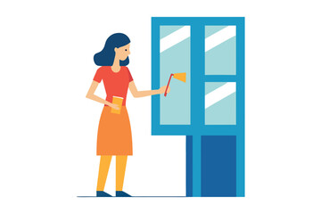 Woman cleaning a large window with a squeegee and holding a book