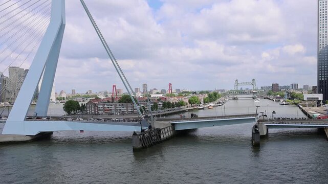 Panoramic view of Erasmus Erasmusbrug bridge in Rotterdam. Financial business district skyline