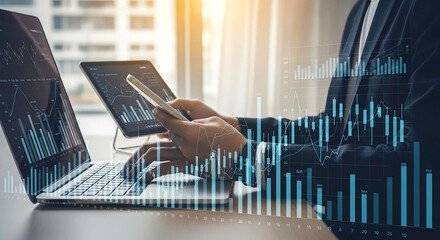 Person analyzing data on laptop, tablet, and phone with financial charts overlayed on the devices