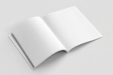 Perspective view of an open blank A4 portrait magazine or catalog with saddle-stitched spine, laying on a smooth light gray background