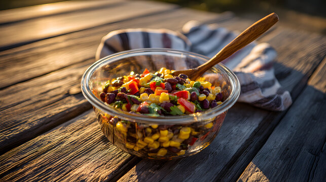 A clear glass bowl filled with colorful cowboy salad
