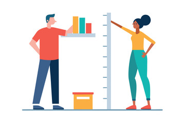 People measuring growth and progress with charts and height ruler