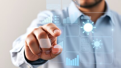 Man touching futuristic interface with data charts and icons hand finger