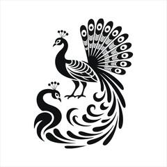 Decorative Peacock Vector Set in Black and White,Stylized Peacock Illustrations with Ornamental Feathers,Elegant Peacock Line Art Collection,Tribal Style Peacock Vector Designs,Abstract Peacock Bird