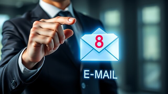 Man pointing at glowing email icon with number eight suit finger