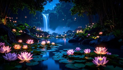 Fototapeta premium Mystical forest waterfall scene at night