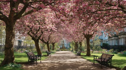 Spring blossoms line a city park path