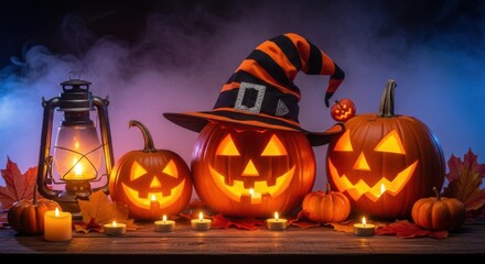 halloween jack o lantern with burning candle