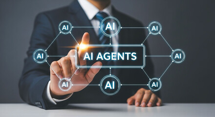 Obraz premium Businessman interacting with ai agents interface on digital screen with connections shown