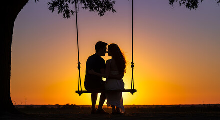 Silhouette of a romantic couple in love on a swing, enjoying a beautiful sunset together.