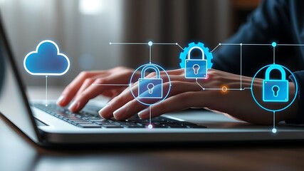Person typing on laptop with digital security icons keyboard hands