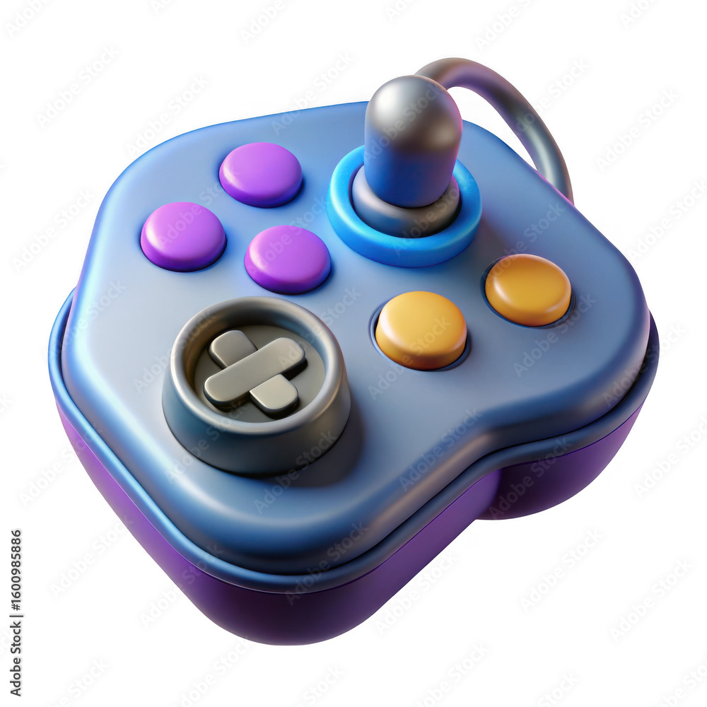 Poster retro style video game controller with purple and yellow buttons isolated on transparent background
