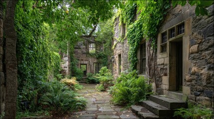 Fototapeta premium Stone courtyard overgrown with lush greenery
