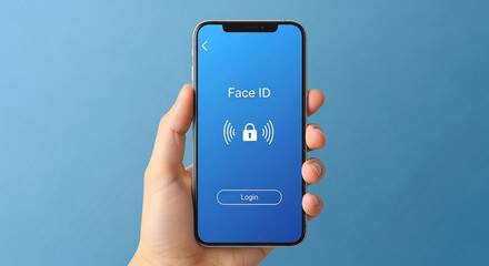 Hand holding a smartphone with face id screen displayed against a blue colored background plain backdrop