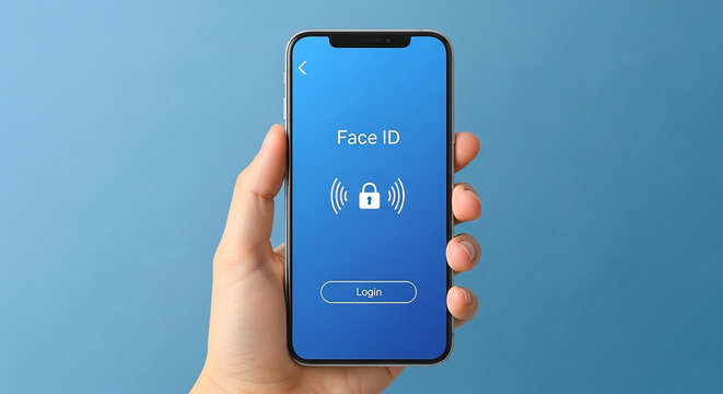 Hand holding a smartphone with face id screen displayed against a blue colored background plain backdrop
