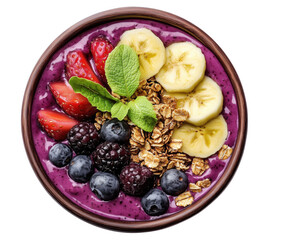 Delicious and healthy acai smoothie bowl topped with fresh berries granola and banana transparent