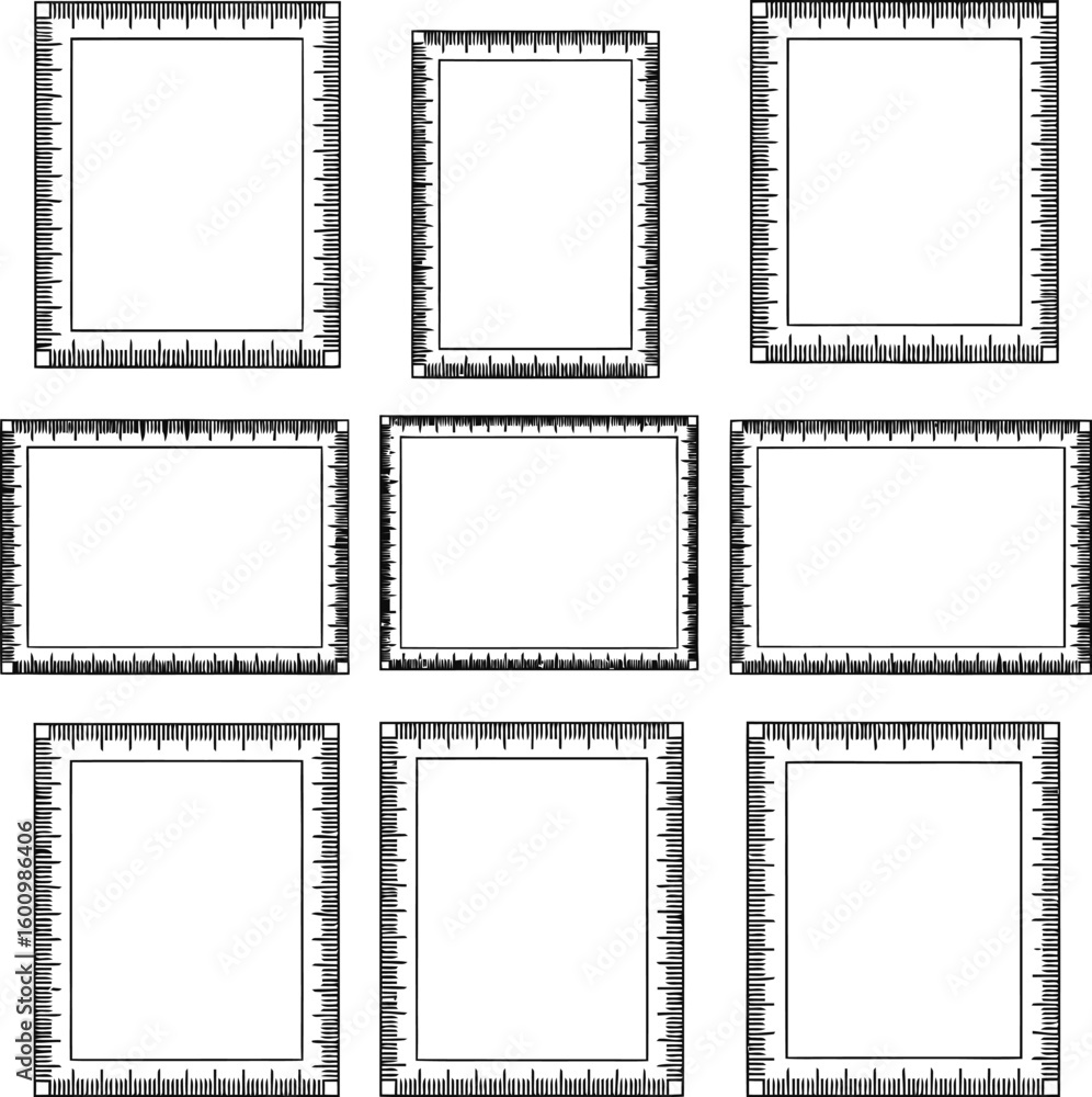Poster nine blank frames with ruler borders for photo editing and design templates and graphic design eleme