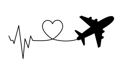 Airplane with Heartbeat and Love Line. Romantic Flight Concept, Travel Passion Symbol, Pulse and Aviation Connection, Valentine Journey Design in Black Silhouette