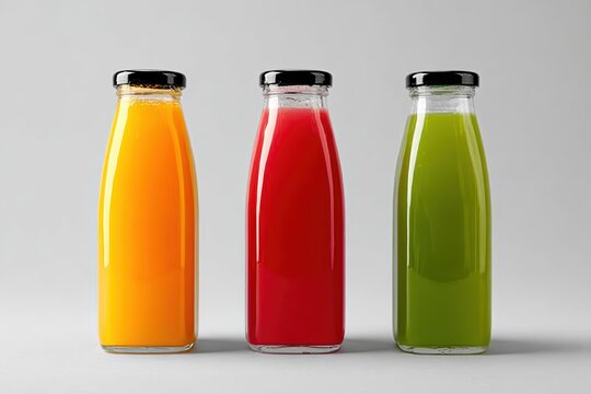 Three upright tall clear glass juice bottles with black caps, each filled with a different colored juice (orange, red, and green), no labels or branding