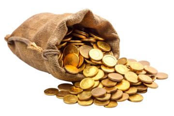 A burlap sack filled with gold coins spills onto a white surface in a studio shot isolated on transparent background