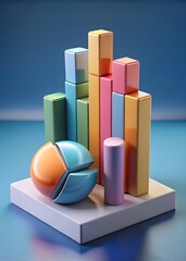 Growing bar graphs and pie chart - Financial analysis, business finance concept. 3d illustration