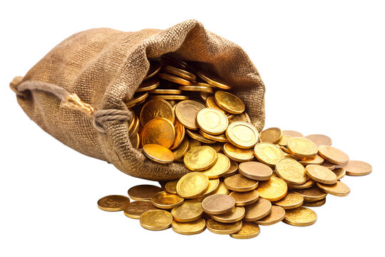A burlap sack filled with gold coins spills onto a white surface in a studio shot isolated on transparent background