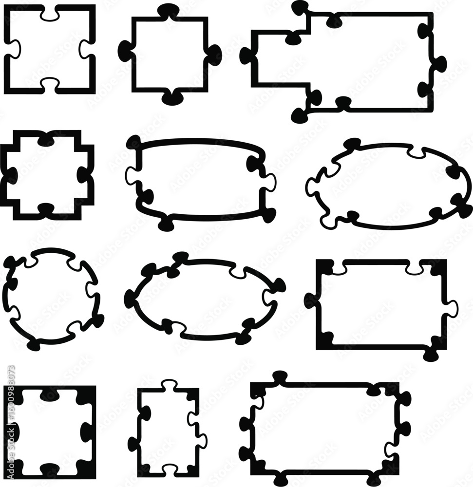 Poster puzzle pieces shapes vector collection for jigsaw game design and creative graphic projects set isol