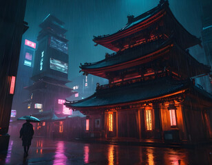 Cyberpunk temple, japanese abstract illustration, futuristic city, dystoptic artwork at night, 4k wallpaper. Rain moody empty future., night view of the temple